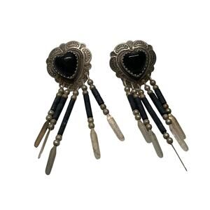 Vintage Q.T. Sterling Silver Onyx Heart Earrings Southwestern Dangle